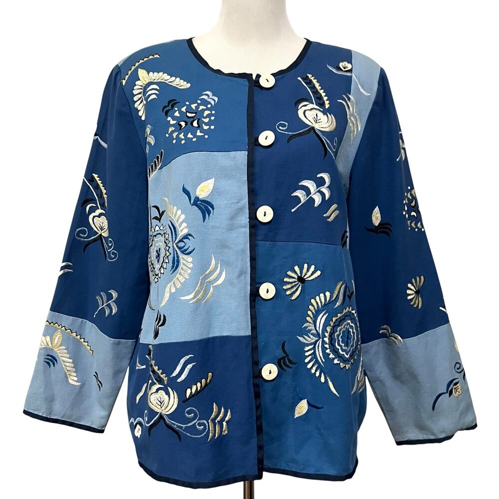 Indigo Moon Patchwork Jacket Blue Cotton Embroidered Vintage Boho Art Women’s L